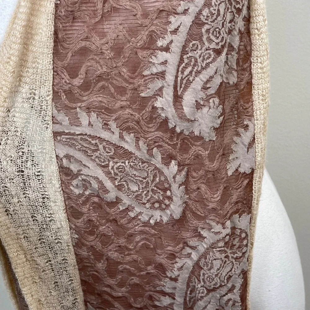 Paisley Knit Tassel Scarf Women Tan Brown Beaded Boho Romantic Wrap Fairy